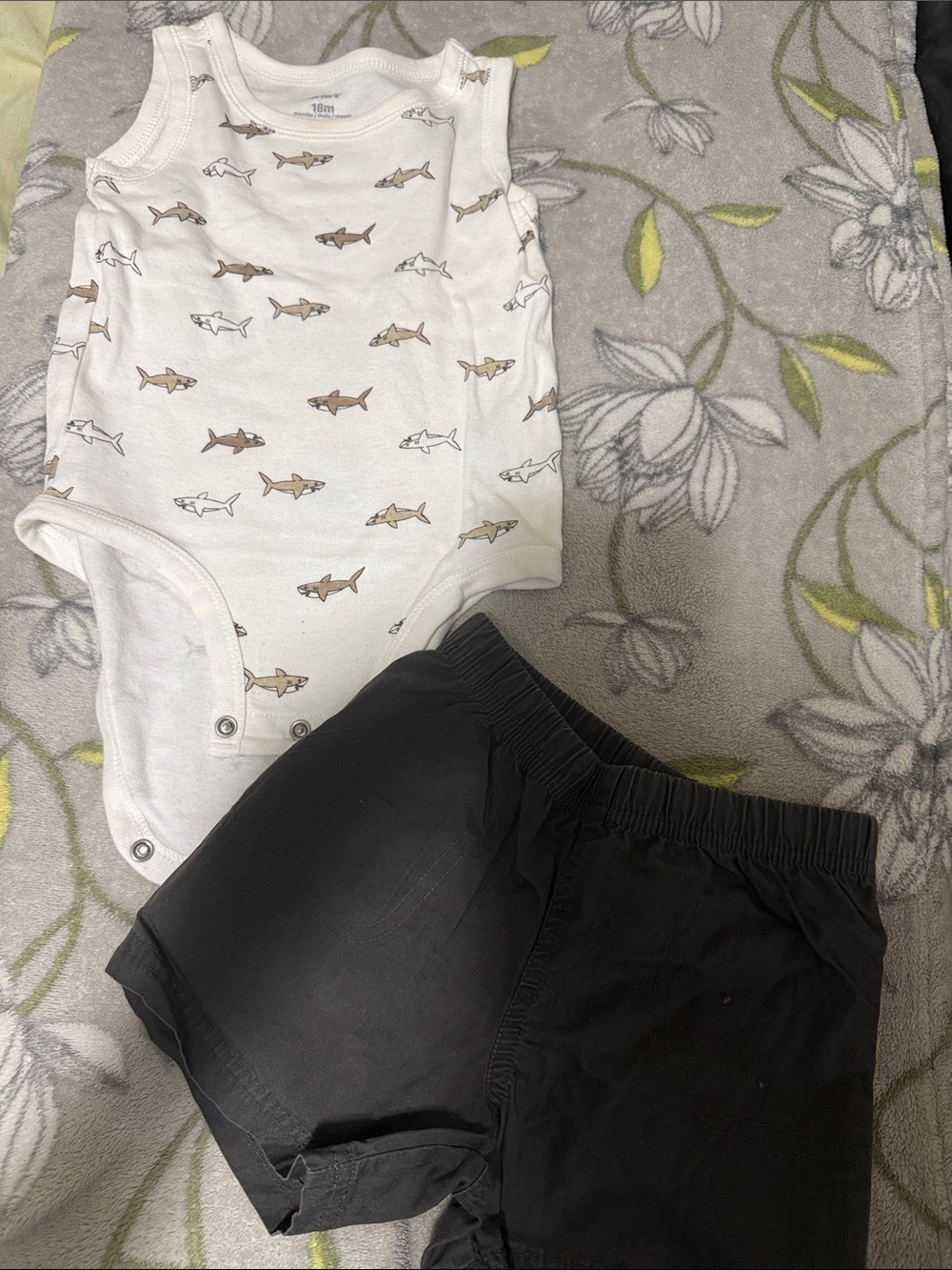 Carter's White Tank Bodysuit with Brown & Gray Shark Print 18 months carters